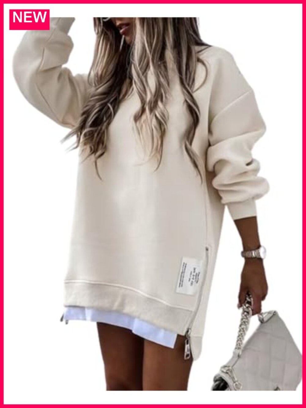 Oversized Crewneck Sweatshirt Side Zipper Slit Pullover Casual Top